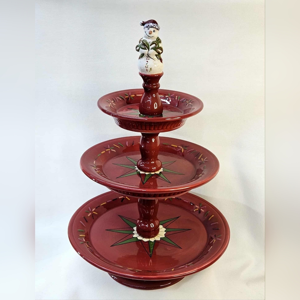 Vintage Christmas Snowman 3 Tiered Dessert Cake Stand Jingle Bells Tracy Porter